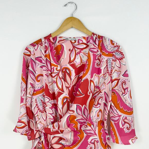 Zara Women's Carla Paisley Floral Wrap Dress Large Pink Bloggers Favorite - Picture 4 of 16